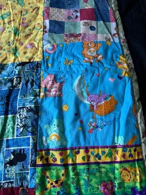 Vtg Patchwork Quilted Throw Blanket w/ Care Bear, Paddington Bear